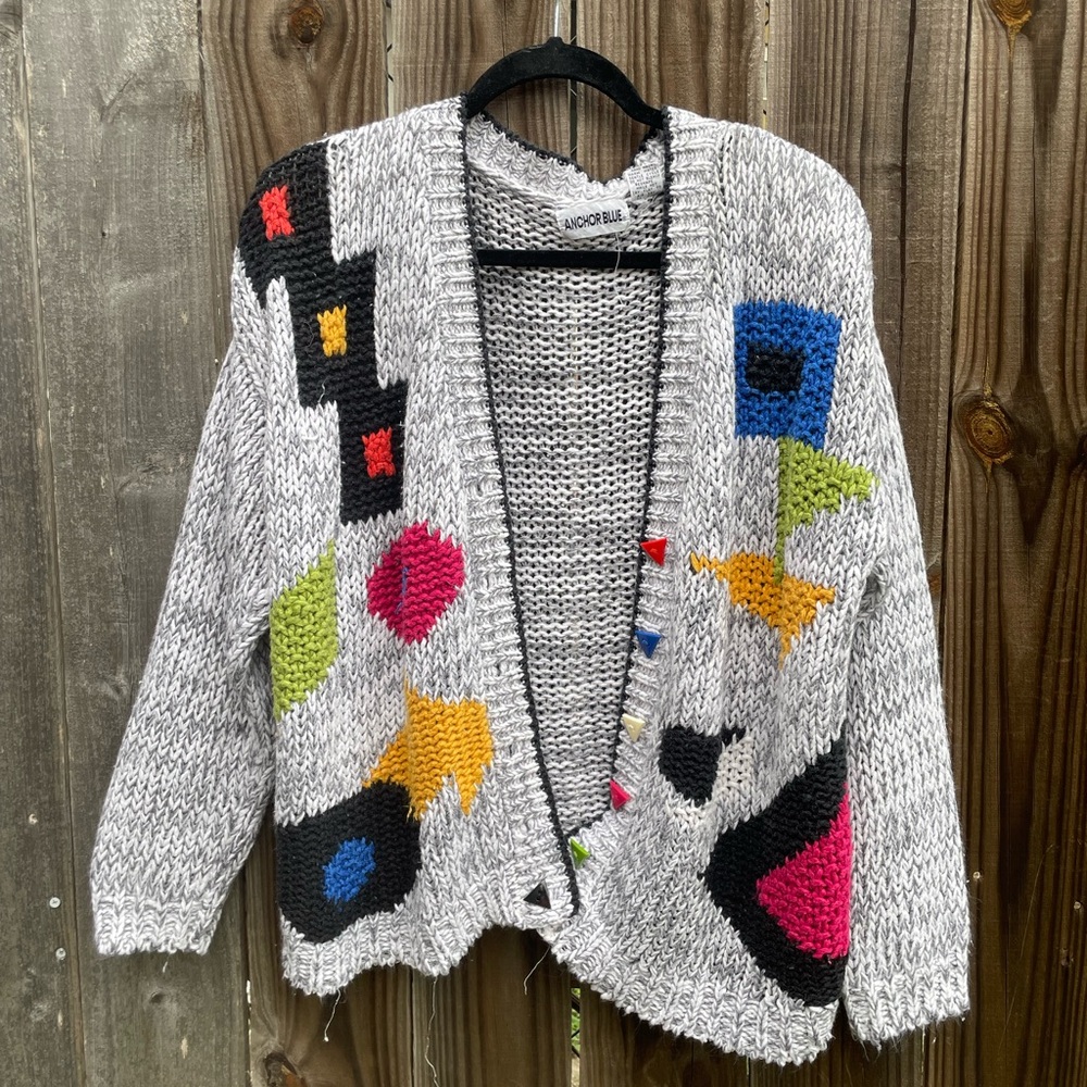 Anchor Blue Gray and Black Cardigan Sweater with Artistic Design